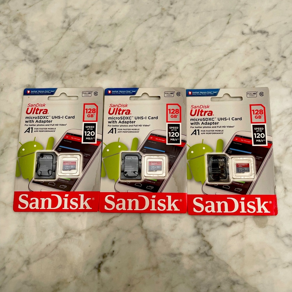 3 PCs 128GB San disk card bundle